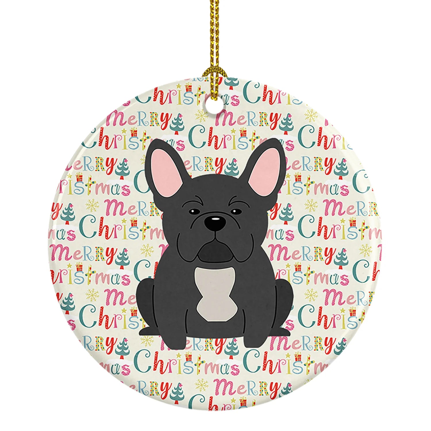 Merry Christmas French Bulldog Black Ceramic Ornament