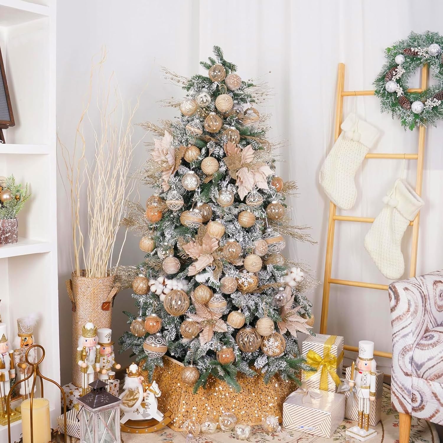 Christmas Ball Ornaments Set - 12 Count Large Shatterproof Decorations for Farmhouse Trees, 70mm/2.76", Flaxen