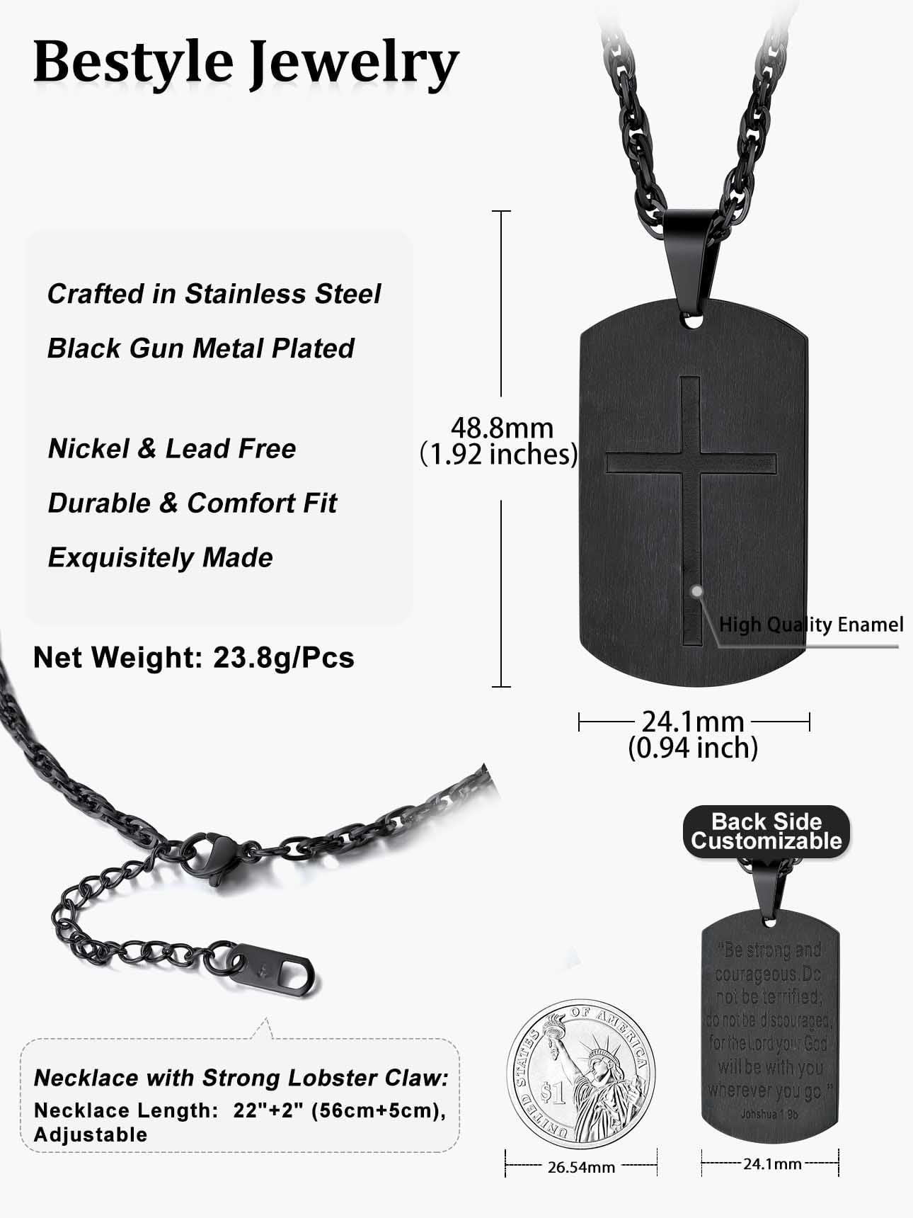 Men'S Black Cross Necklace Stainless Steel Dog Tag Necklace Christian Serenity Prayer Necklace Inspirational Jewelry Gift