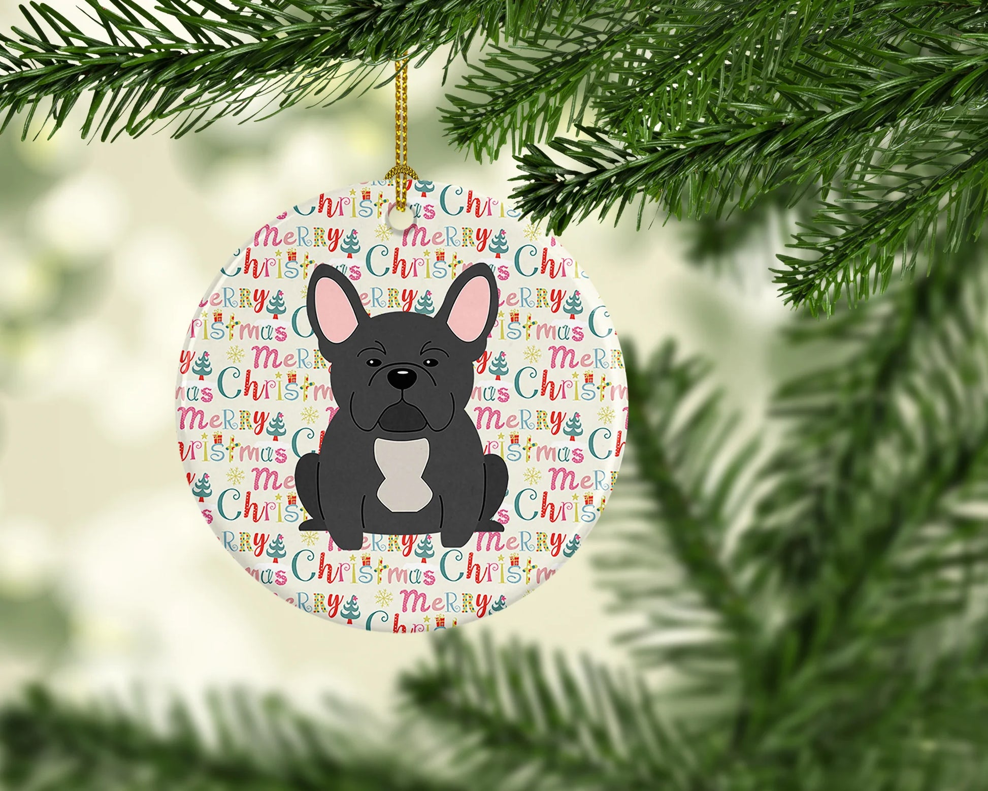 Merry Christmas French Bulldog Black Ceramic Ornament