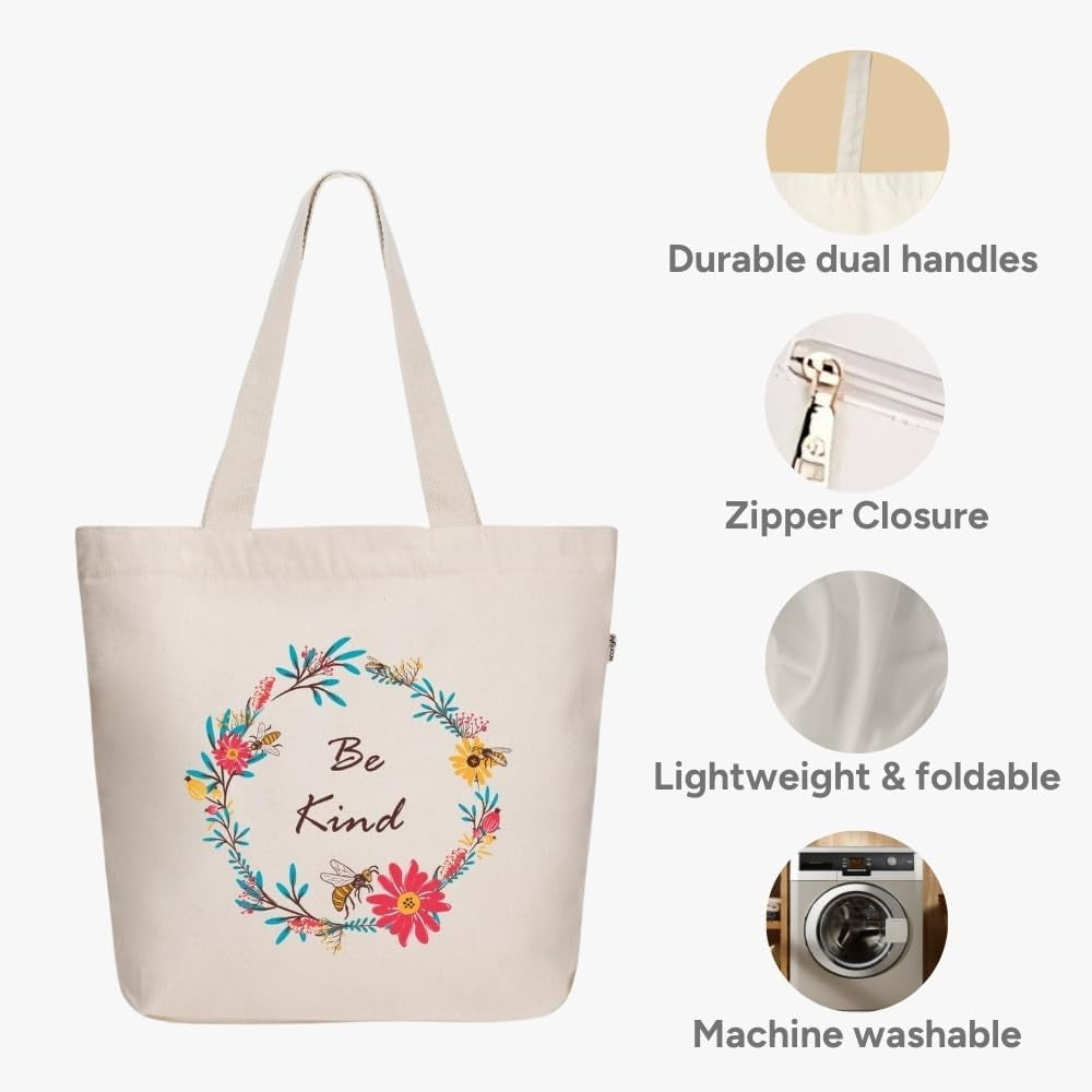 Women's Aesthetic Canvas Tote Bag - Large Zipper Design with Pocket for Yoga, Work, and Beach Use