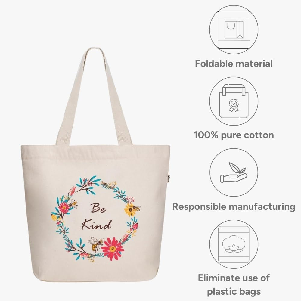 Women's Aesthetic Canvas Tote Bag - Large Zipper Design with Pocket for Yoga, Work, and Beach Use